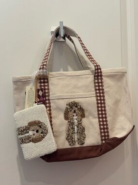 NWT Made in India Canvas Dog Applique Tote Bag with Beaded Coin Pouch